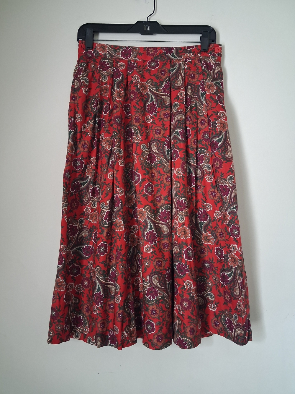 VTG Leslie Fay Red Paisley Floral A-Line Midi Pleated Skirt Cottagecore Feminin